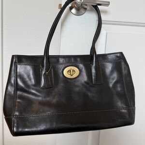 Coach Vintage Black Leather Tote with Gold Turnlock